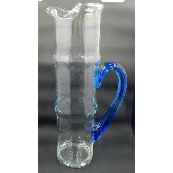Bamboo Optic Paneled Clear Glass Cocktail Pitcher Blue Ribbed Handle - Picture 5 of 11